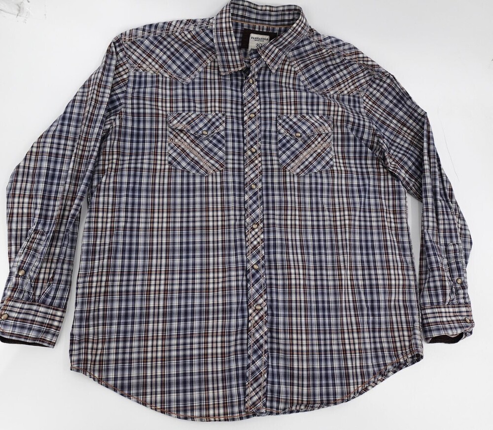 Panhandle Rough Stock Mens Western Shirt XL Blue Plaid Long Sleeve Snap Button C